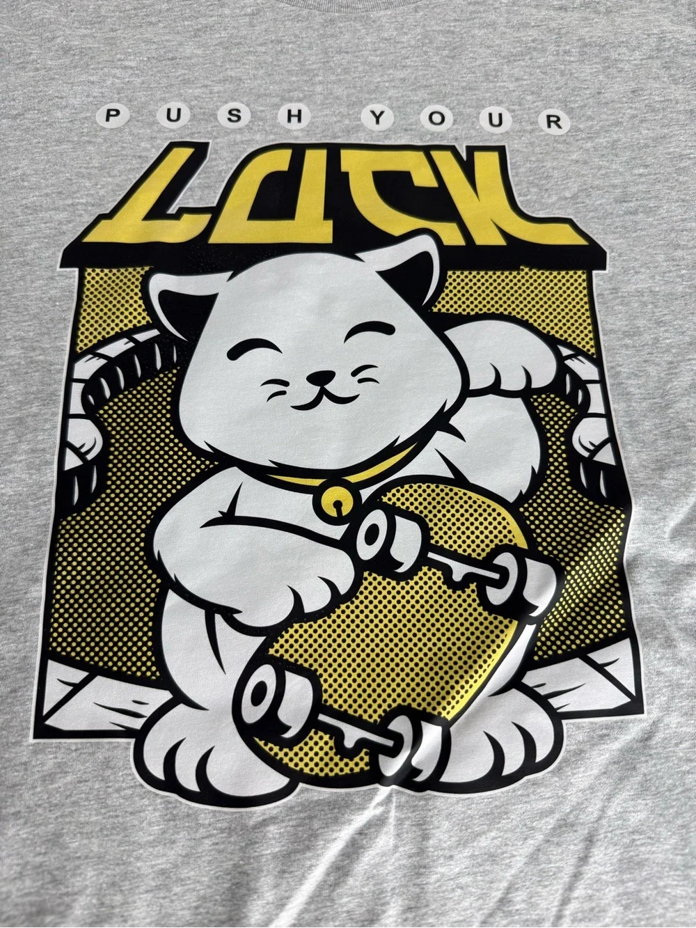 Custom Cauldron Grey 'Push Your Lucky' Cat Graphic T-Shirt for Cats